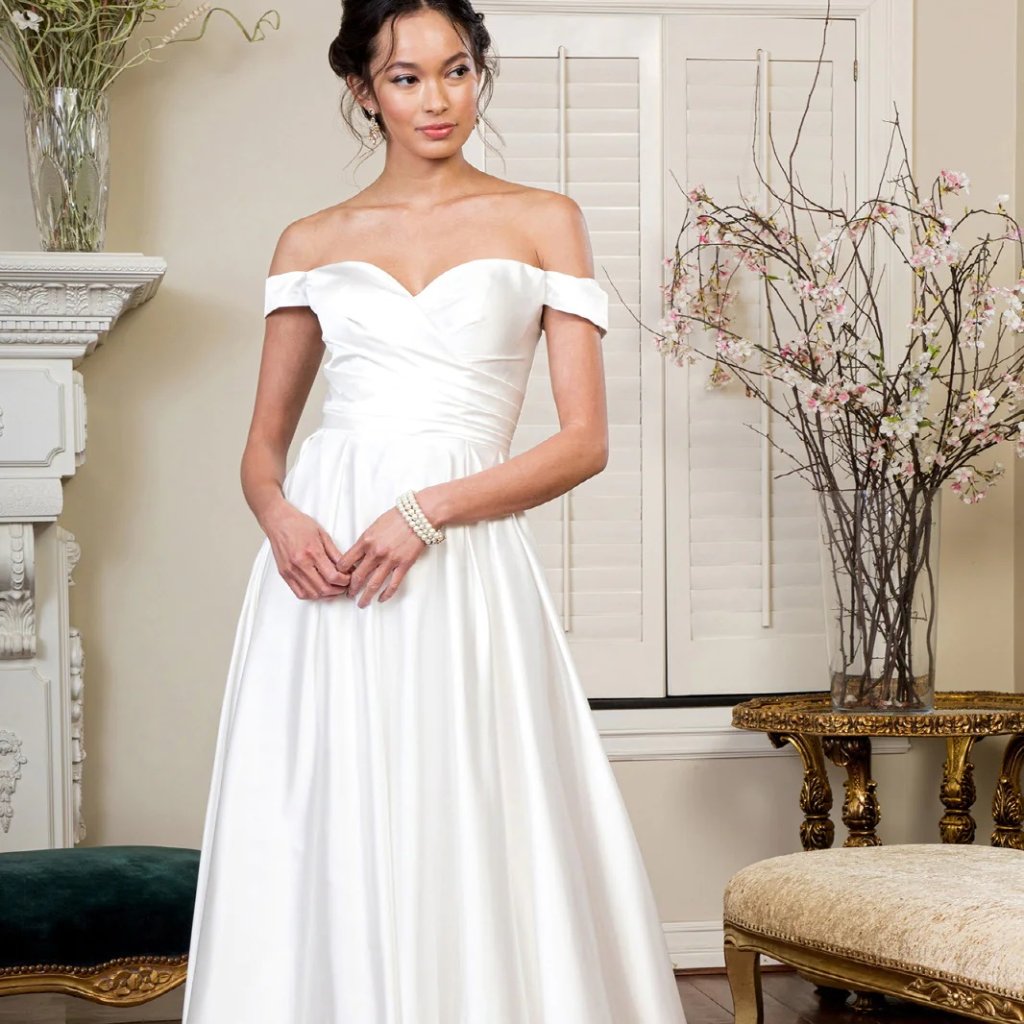 Pleated Waistline Sweetheart Cut-Away Shoulder Satin A-Line Wedding Dress